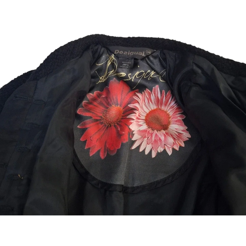 Desigual Black Boucle Wool Blend Floral Pleated Skirt Coat Jacket Womens 36